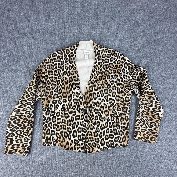 Chico's Sweaters - Chicos Cardigan Sweater Womens 2 Brown Leopard Print Button Front Stretch Knit